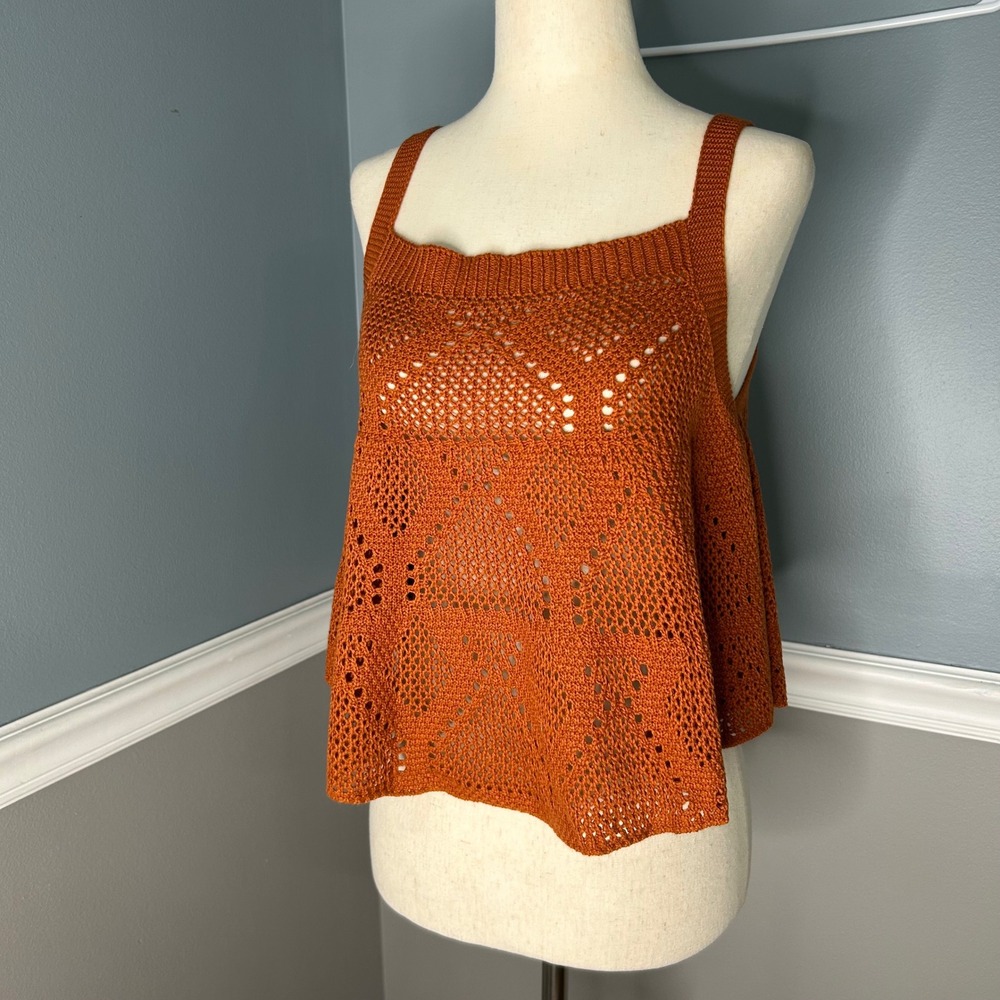 Shein Womens Burnt Orange Crochet Knit Cropped Swing Cami Top Size Small NWT